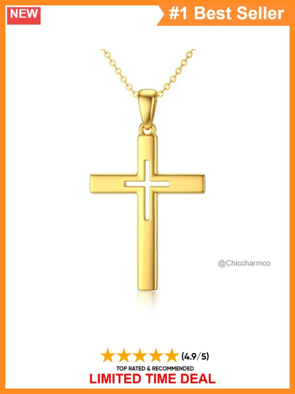 14K Solid Yellow Gold Cross Pendant Necklace Adjustable 16-18"